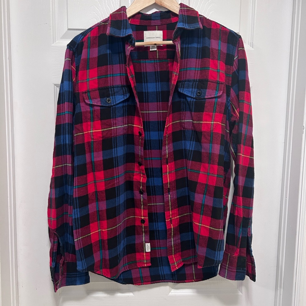 American Eagle flannel shirt, red and blue, size Medium.